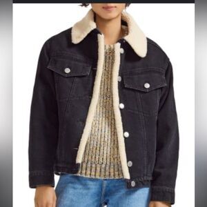 Maje Black Sherpa Teddy lined Cotton Denim jacket size 38 Medium